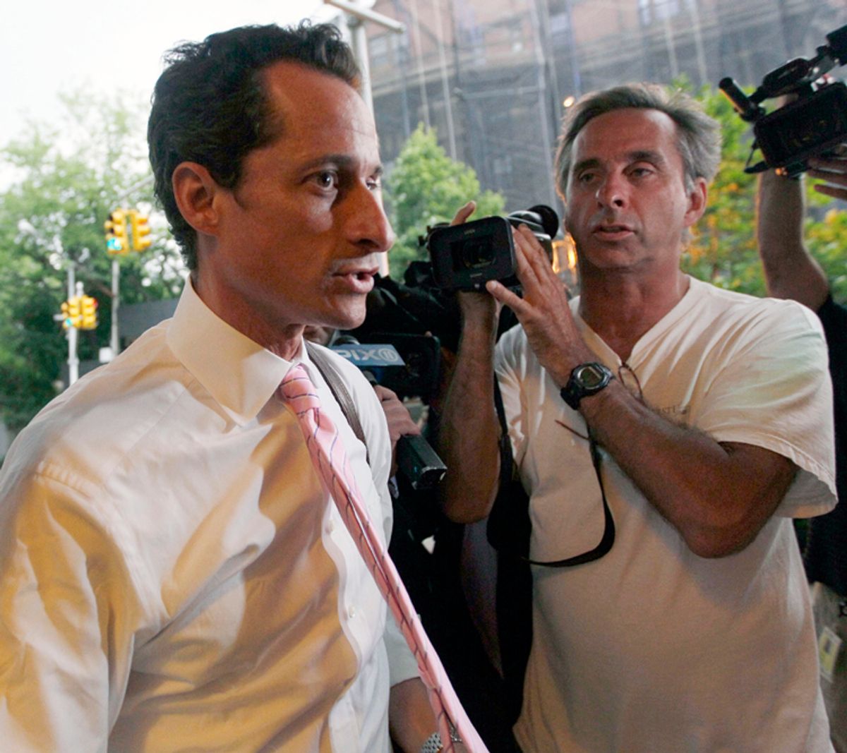 Rep. Anthony Weiner, D-N.Y., is surrounded by reporters as he arrives at his house in the Queens borough of New York,  Thursday, June 9, 2011. Weiner admitted four days ago that he had Tweeted sexually charged messages and photos to at least six women and lied about it.  (AP Photo/Mary Altaffer) (Mary Altaffer)
