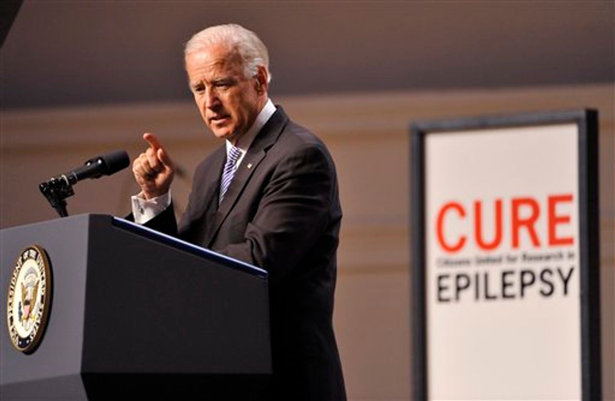 U.S. Vice President Joe Biden speaks at the Citizens United for Research in Epilepsy annual fundraising event on Tuesday, June 21, 2011 in Chicago. Gov. Pat Quinn and Chicago Mayor Rahm Emanuel were among the 900 people who attended a fundraiser. (AP Photo/Brian Kersey)  (AP)