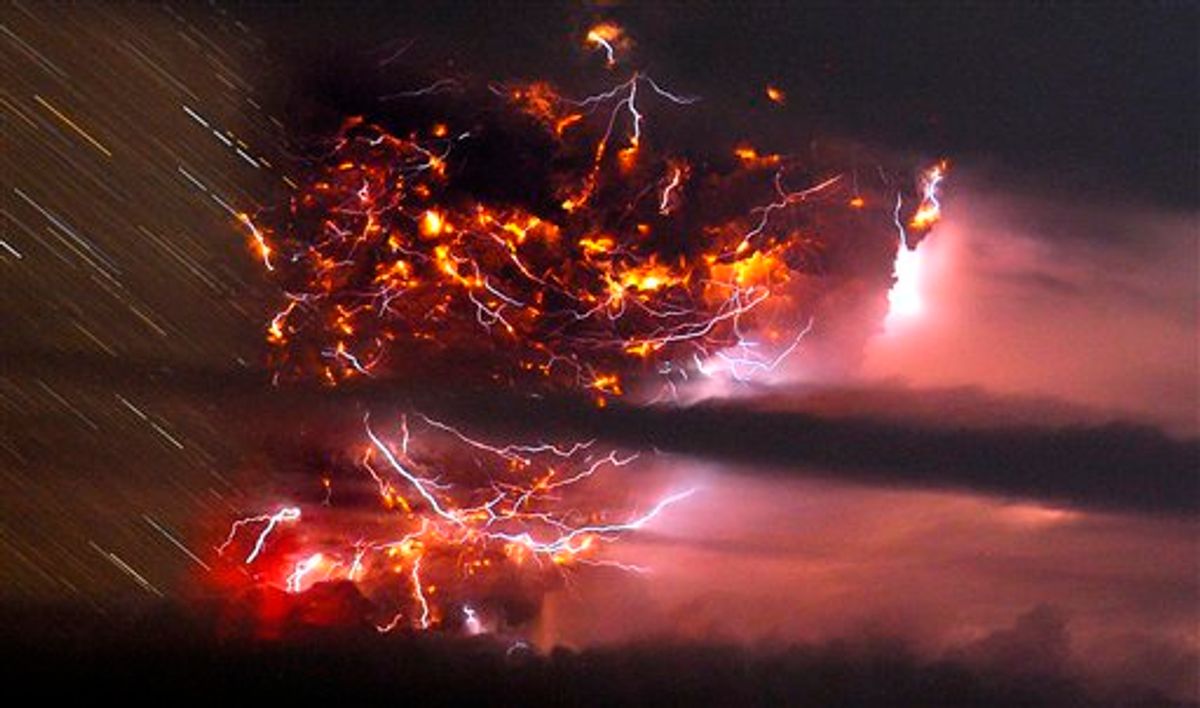 Volcanic lightning is seen over the Puyehue volcano, over 500 miles south of Santiago, Chile, Sunday June 5, 2011. Authorities have evacuated about 600 people in the nearby area. The volcano was calm on Sunday, one day after raining down ash and forcing thousands to flee, although the cloud of soot it had belched out still darkened skies as far away as Argentina. (AP Photo/Francisco Negroni, AgenciaUno) CHILE OUT, NO PUBLICAR EN CHILE,  NO SALES (Ap, Francisco Negroni, Agenciauno)