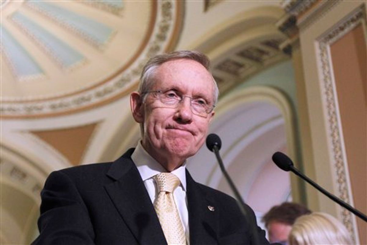 Senate Majority Leader Harry Reid of Nev. pauses on Capitol Hill in Washington, Tuesday, June 7, 2011, while meeting with the media after the Democratic policy luncheon. (AP Photo/Alex Brandon) (AP)