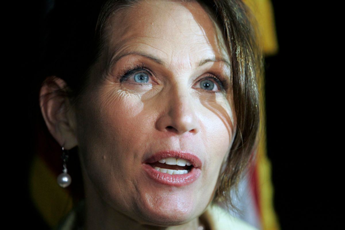 Rep. Michele Bachmann, a tea party favorite considering a run for president in 2012, speaks to the media, Friday, May 20, 2011, at a Republican fundraiser in Archbold, Ohio.  (AP Photo/JD Pooley) (Jd Pooley)