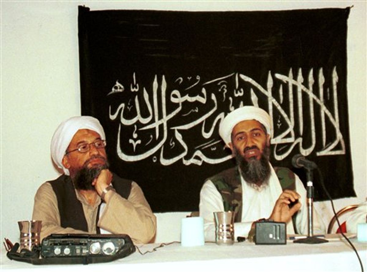 FILE - In this 1998 file photo made available Friday, March 19, 2004, Ayman al-Zawahri, left, holds a press conference with Osama bin Laden in Khost, Afghanistan. Al-Qaida has selected its longtime No. 2, Ayman al-Zawahri, to succeed Osama bin Laden following last month's U.S. commando raid that killed the terror leader, according to a statement posted Thursday, June 16, 2011 on a website affiliated with the network. (AP Photo/Mazhar Ali Khan, File) (AP)