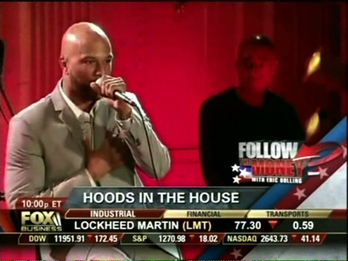 Still from Fox Business' "Follow the Money." Rapper Common was listed among African American White House guests described by Bolling as "Hoods in the House"