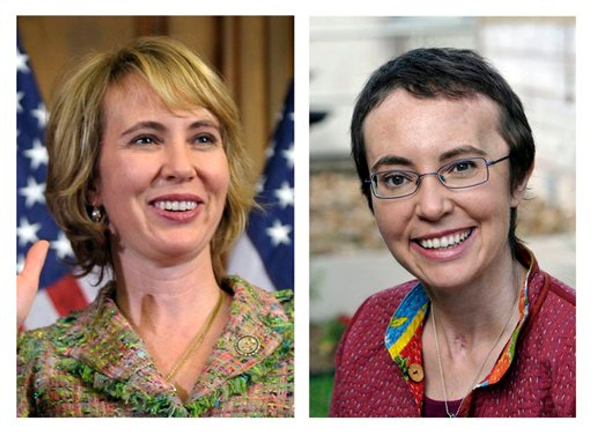 This photo combo shows U.S. Rep. Gabrielle Giffords, D-Ariz. At left, Giffords takes part in a reenactment of her swearing-in on Capitol Hill in Washington, on Jan. 5, 2011, three days before she was shot as she met with constituents in Tucson, Ariz. At right, Giffords is seen May 17, 2011, at TIRR Memorial Hermann Hospital in Houston, the day after the launch of space shuttle Endeavour and the day before she had her cranioplasty. Giffords has been released from a Houston hospital, Wednesday, June 15, 2011, five months after being shot in the head during a Tucson political event.  (AP Photo/Susan Walsh/P.K. Weis) MANDATORY CREDIT (AP)