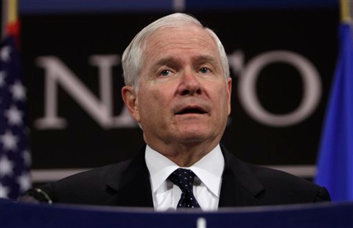 U.S. Defense Secretary Robert Gates speaks during a media conference after a meeting of NATO defense ministers at NATO headquarters in Brussels on Thursday, June 9, 2011. NATO defense ministers shift their focus from Libya to Afghanistan during talks on Thursday. (AP Photo/Virginia Mayo) (AP)