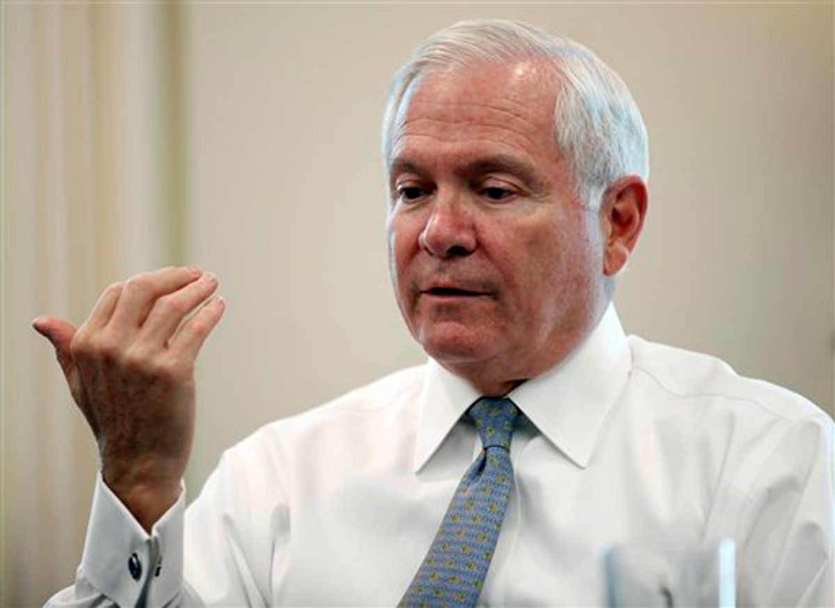 Secretary of Defense Robert Gates, speaks during an interview with The Associate Press in his office at the Pentagon Monday, June 13, 2011 in Washington.(AP Photo/Alex Brandon)  (AP)