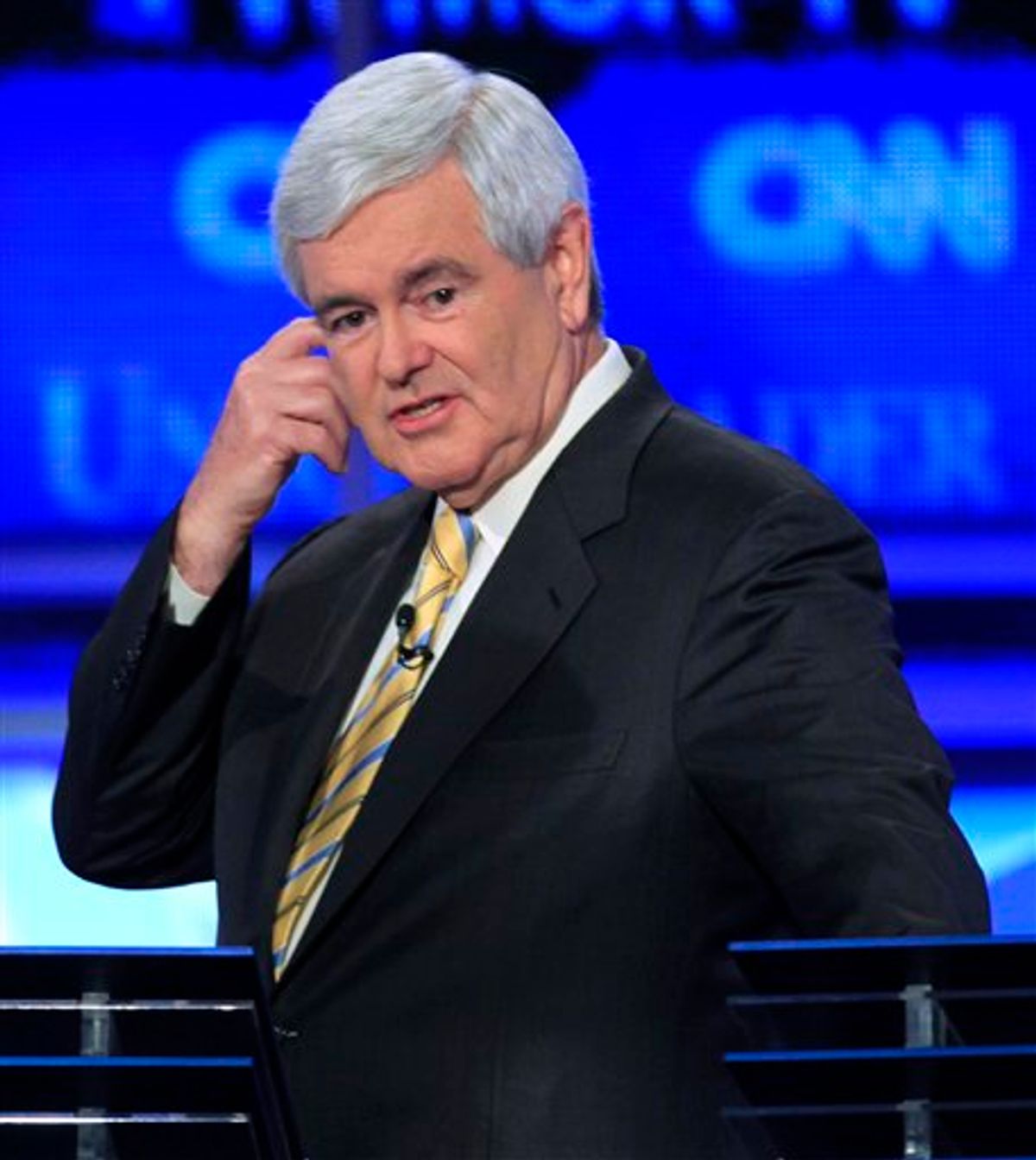 Former House Speaker Newt Gingrich is seen during a break in the first New Hampshire Republican presidential debate at St. Anselm College in Manchester, N.H., Monday, June 13, 2011. (AP Photo/Jim Cole) (AP)