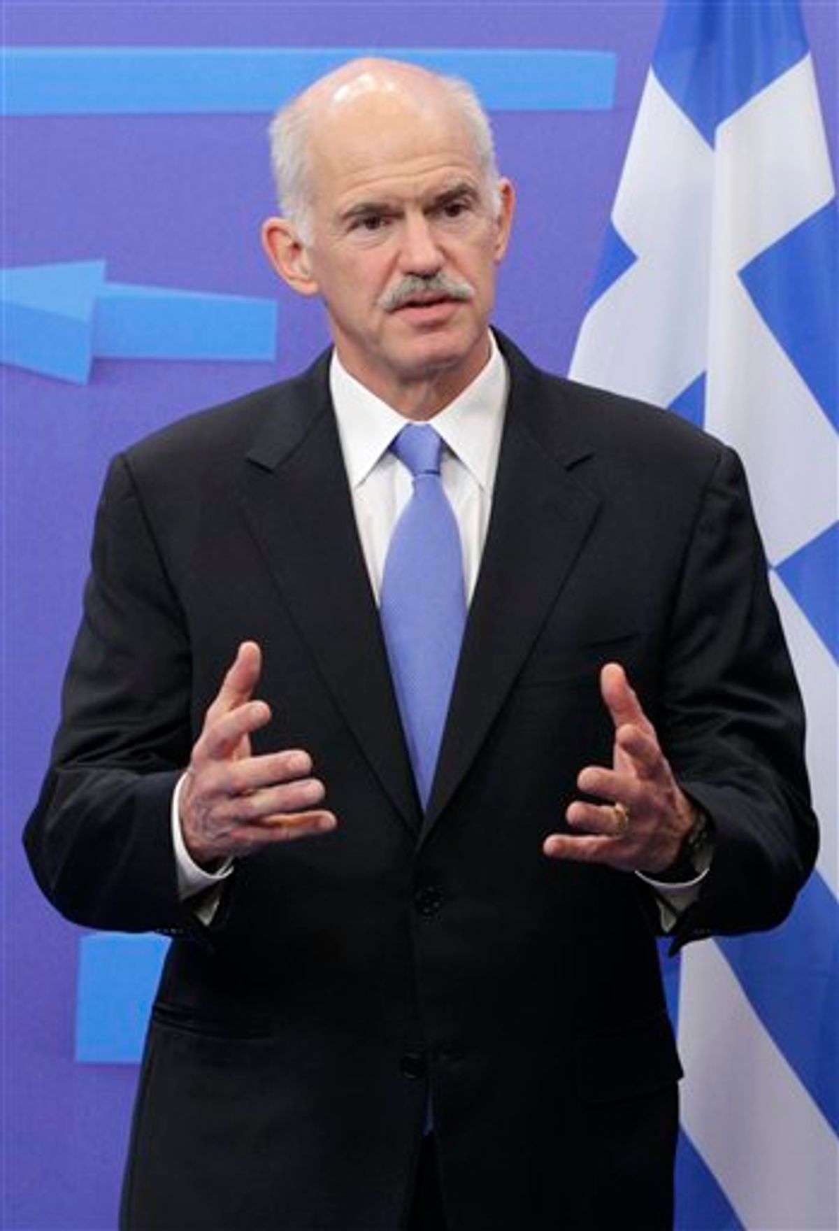 Greek Prime Minister George Papandreou addresses the media at the European Council building in Brussels, Monday, June 20, 2011. Greece's embattled Prime Minister headed to Brussels for meetings with EU President Herman Van Rompuy and European Commission President Jose Manuel Barroso. (AP Photo/Yves Logghe) (AP)