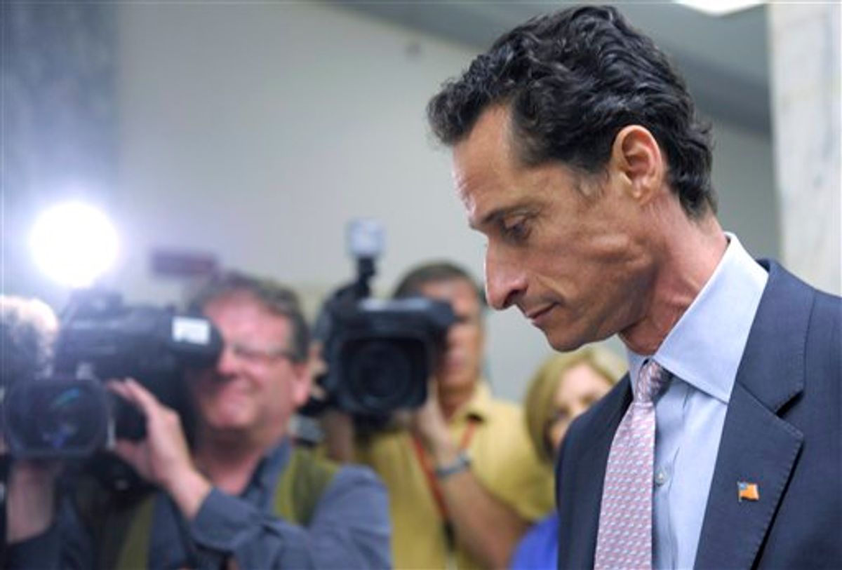 Rep. Anthony Weiner, D-N.Y., waits for an elevator near his office on Capitol Hill in Washington, Thursday, June 2, 2011. (AP Photo/Susan Walsh) (AP)