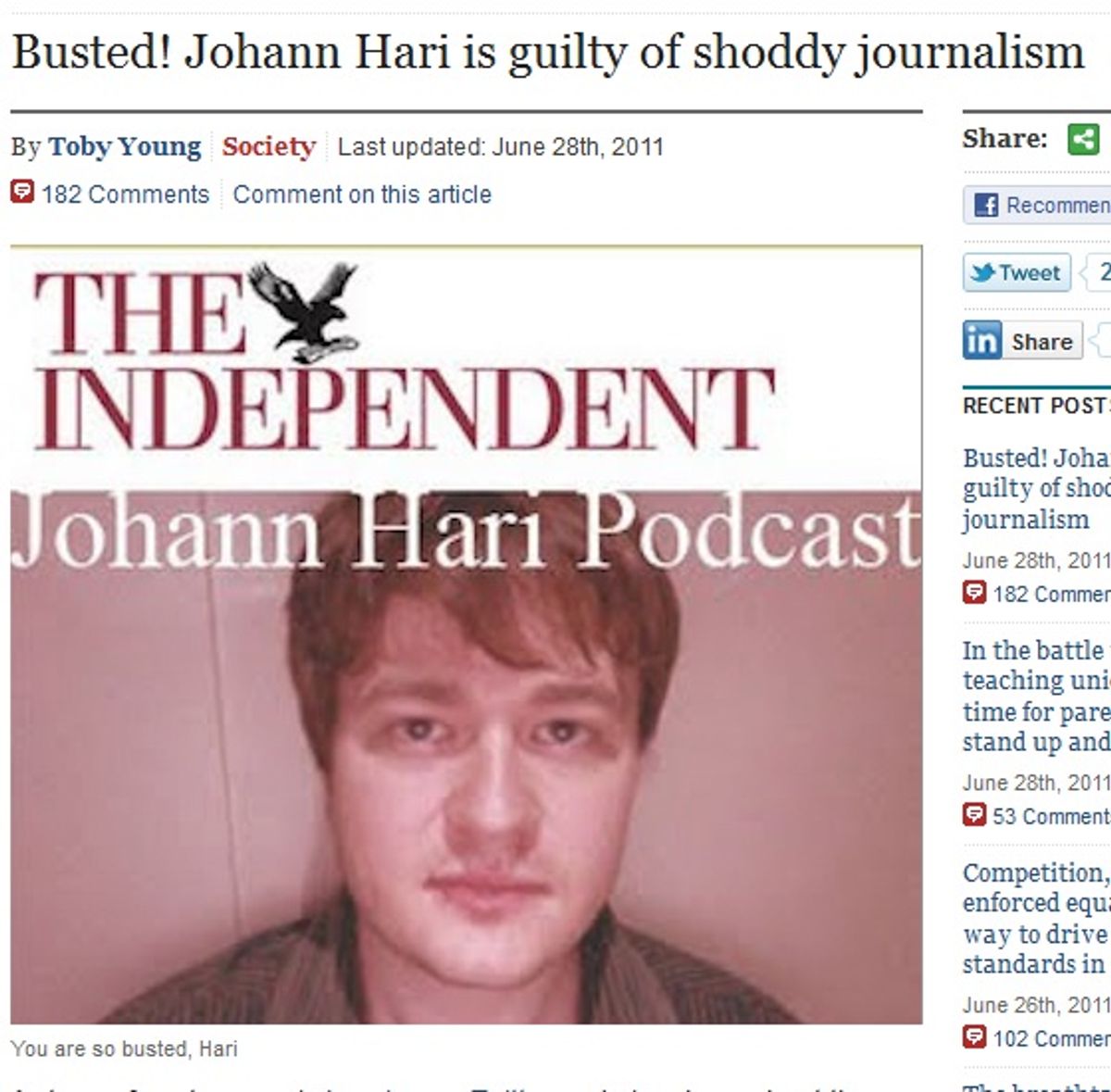Toby Young, in the Telegraph, calls out Johann Hari of the Independent