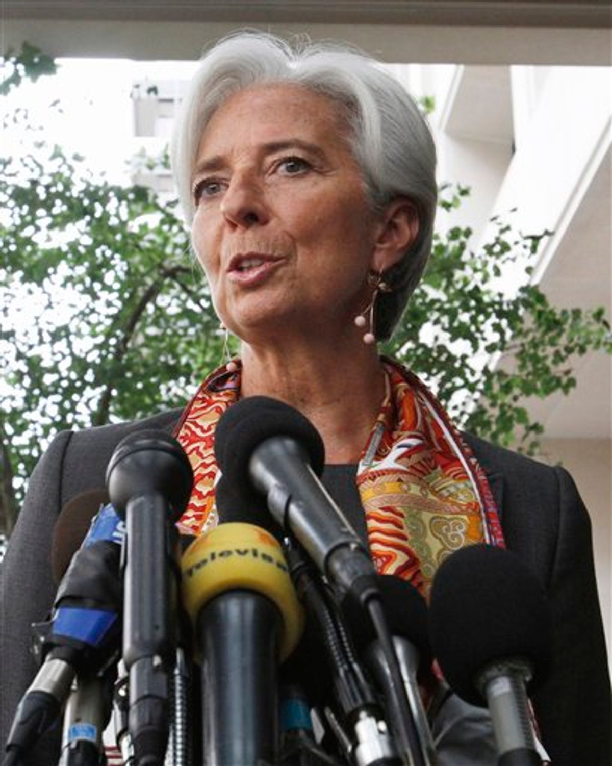 French Finance Minister Christine Lagarde speaks to the media outside the International Monetary Fund in Washington, Thursday, June 23, 2011, where she was interviewing to succeed former IMF Managing Director Dominique Strauss-Kahn. (AP Photo/Jacquelyn Martin) (AP)