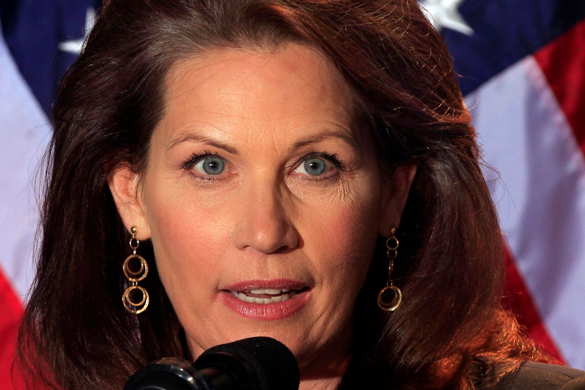Possible 2012 presidential hopeful, U.S. Rep. Michelle Bachmann, R-Minn. speaks during a dinner sponsored by Americans for Prosperity, Friday, April 29, 2011 in Manchester , N.H. (AP Photo/Jim Cole) (Jim Cole)