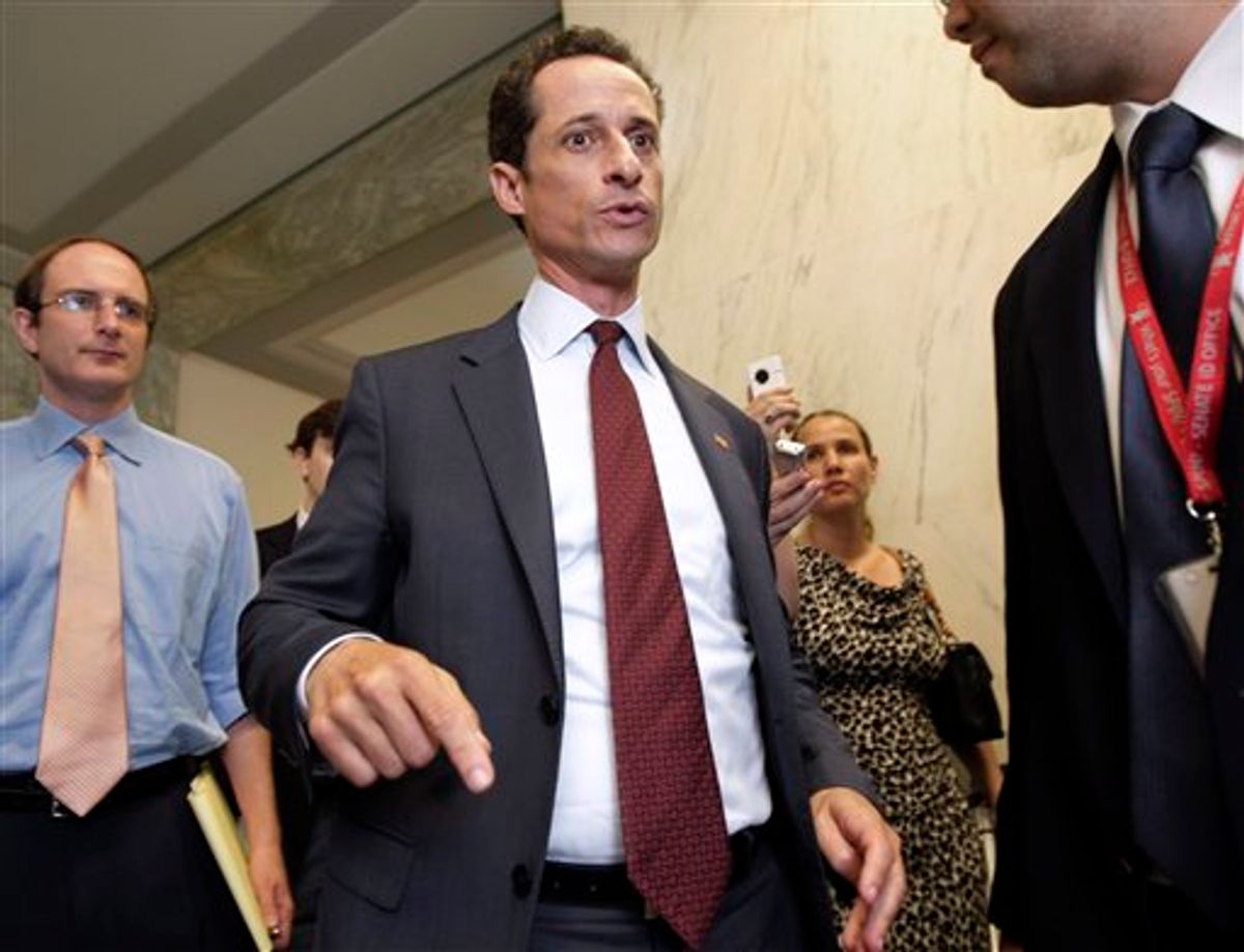 Rep. Anthony Weiner, D-N.Y. walks from his office to an elevator in the Rayburn House Office Building for a vote, on Capitol Hill in Washington, Wed., June 1, 2011. Weiner denied Wednesday sending a lewd photo from his Twitter account to a 21-year-old woman, trying to calm a media furor that has only increased by the day and wasn't put to rest by the combative lawmaker's latest comments.  (AP Photo/J. Scott Applewhite) (AP)