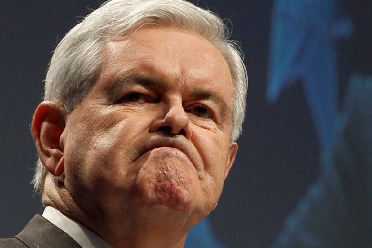 Former U.S. Speaker of the House Newt Gingrich grimaces at the 38th annual Conservative Political Action Conference (CPAC) meeting at the Marriott Wardman Park Hotel in Washington, February 10, 2011. The CPAC is a project of the American Conservative Union Foundation. REUTERS/Larry Downing     (UNITED STATES - Tags: POLITICS) (Â© Larry Downing / Reuters)