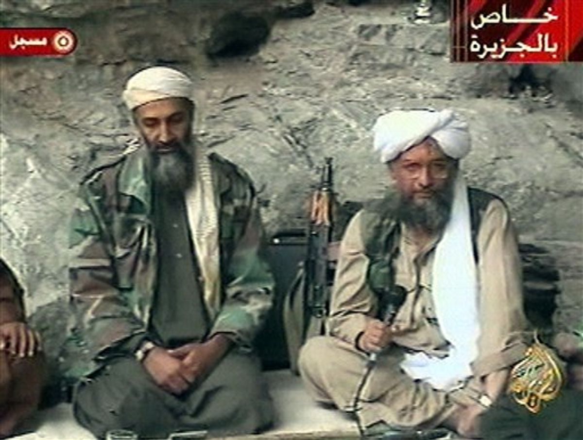 FILE - In this Oct. 7, 2001 file photo, Osama bin Laden, left, and his top lieutenant Egyptian Ayman al-Zawahri, right, are seen at an undisclosed location in this television image broadcast. Al-Qaida has selected its longtime No. 2, Ayman al-Zawahri, to succeed Osama bin Laden following last month's U.S. commando raid that killed the terror leader, according to a statement posted Thursday, June 16, 2011 on a website affiliated with the network. (AP Photo/Al-Jazeera, File) (AP)