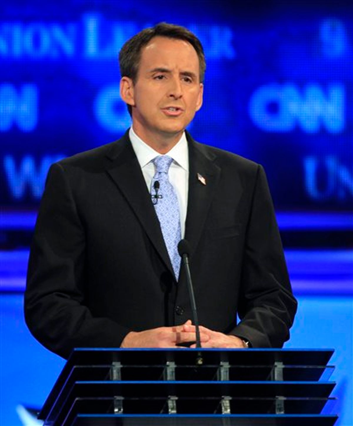 Former Minnesota Gov. Tim Pawlenty answers a question during the first New Hampshire Republican presidential debate at St. Anselm College in Manchester, N.H., Monday, June 13, 2011. (AP Photo/Jim Cole) (AP)