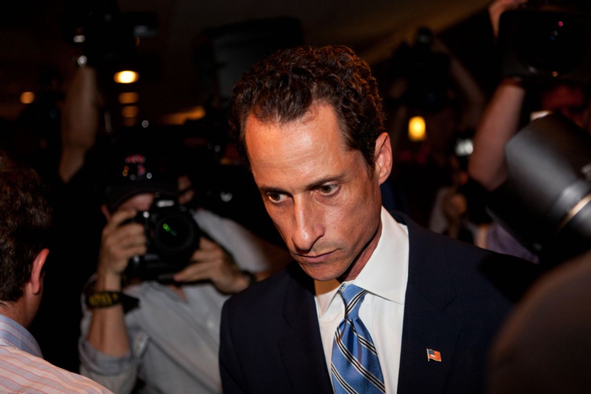 Rep. Anthony Weiner, D-N.Y., answers questions from the media as he carries his laundry to a laundromat near his home in the Queens borough of New York, Saturday, June  11, 2011. The 46-year-old congressman acknowledged Friday that he had online contact with a 17-year-old girl from Delaware but said there was nothing inappropriate. (AP Photo/David Karp) (AP)