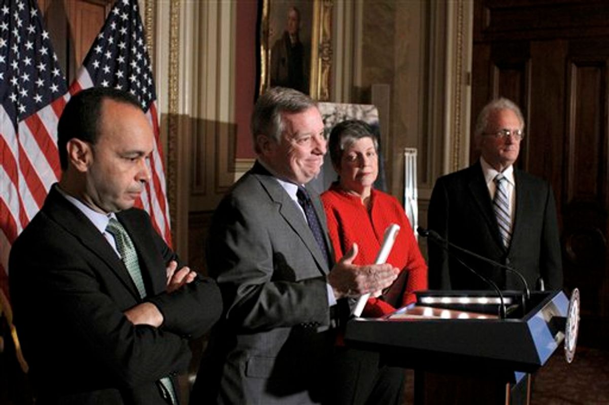 FILE - In this Dec. 8, 2010, file photo, Senate Majority Whip Richard Durbin of Ill., second from left, gestures during a news conference on Capitol Hill in Washington, to discuss the Dream Act legislation. From left are, Rep. Luis Gutierrez, D-Ill.,  Homeland Security Secretary Janet Napolitano, and Rep. Howard Berman, D-Calif. With a re-election campaign looming, President Barack Obama is pushing Congress to overhaul the immigration system, but lawmakers seems to have little appetite to take on the issue. (AP Photo/Harry Hamburg)     (AP)