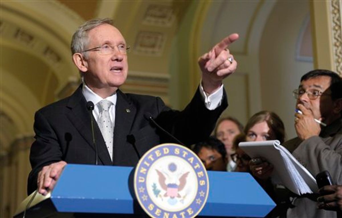 Senate Majority Leader Harry Reid of Nev. speaks to reporters on Capitol Hill in Washington, Tuesday, June 21, 2011, after the policy lunches. (AP Photo/Susan Walsh)   (AP)