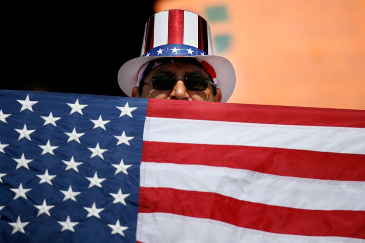 A U.S. fan shows his spirit during their CONCACAF Gold Cup final soccer match between the USA and Mexico in East Rutherford, New Jersey, July 26, 2009.     REUTERS/Lucas Jackson (UNITED STATES SPORT SOCCER)  (Â© Lucas Jackson / Reuters)