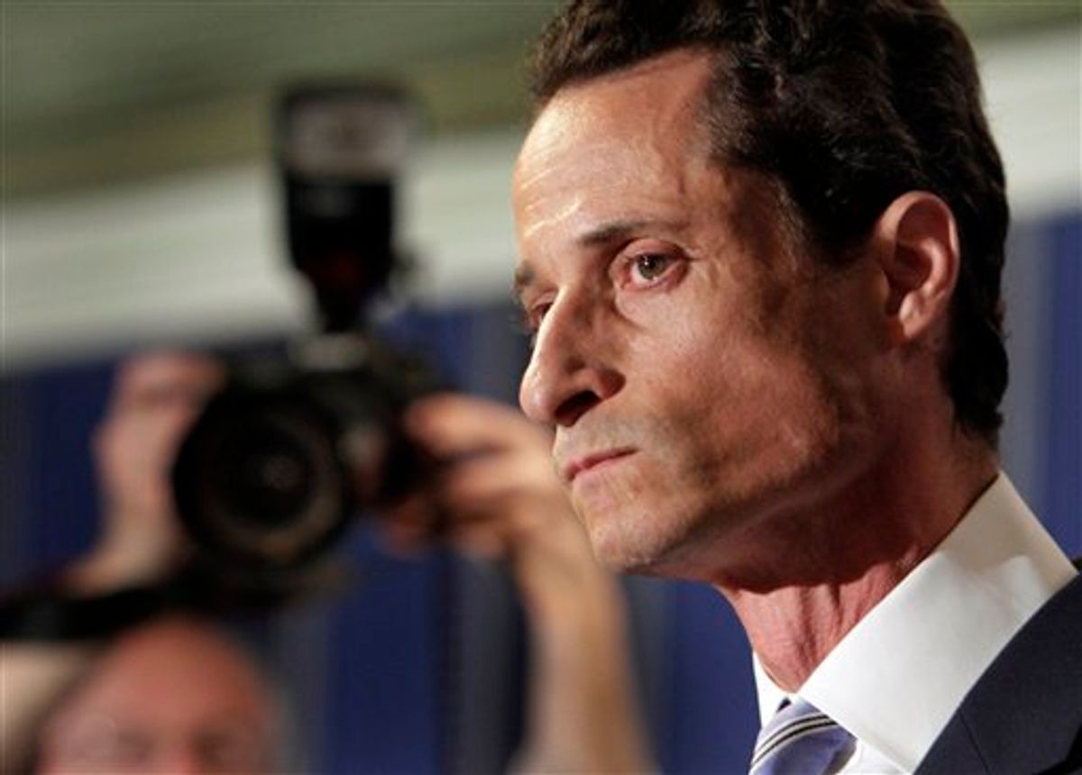 U.S. Rep. Anthony Weiner, D-N.Y., addresses a news conference in New York,  Monday, June 6, 2011. After days of denials, a choked-up New York Democratic Rep. Anthony Weiner confessed Monday that he tweeted a bulging-underpants photo of himself to a young woman and admitted to "inappropriate" exchanges with six women before and after getting married. (AP Photo/Richard Drew) (AP)