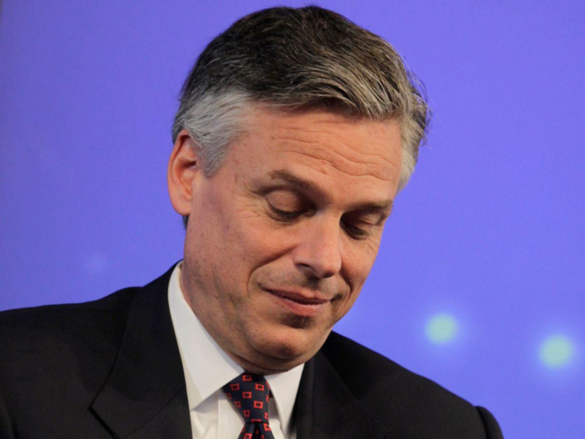 Former Utah Governor Jon Huntsman speaks at an event hosted by Thomson Reuters in New York, June 14, 2011. Huntsman will announce his bid for the White House next Tuesday, bringing a moderate Republican and expert on America's fastest growing competitor into the race to challenge President Barack Obama in 2012.   REUTERS/Brendan McDermid (UNITED STATES - Tags: POLITICS) (Â© Brendan Mcdermid / Reuters)