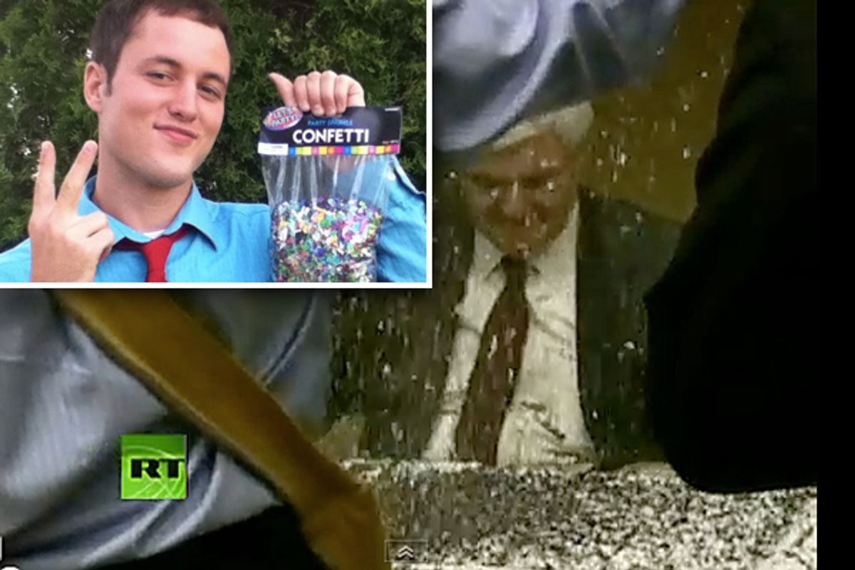 Nick Espinosa (inset) and a glitter-bombed Newt Gingrich 