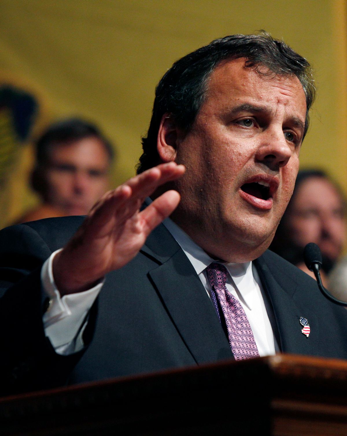 New Jersey Gov. Chris Christie answers a question after signing employee benefits legislation into law Tuesday, June  28, 2011, in Trenton, N.J. Christie says his biggest accomplishment so far was getting the employee benefits legislation through the Democratic-controlled Legislature.  (AP Photo/Mel Evans) (Mel Evans)