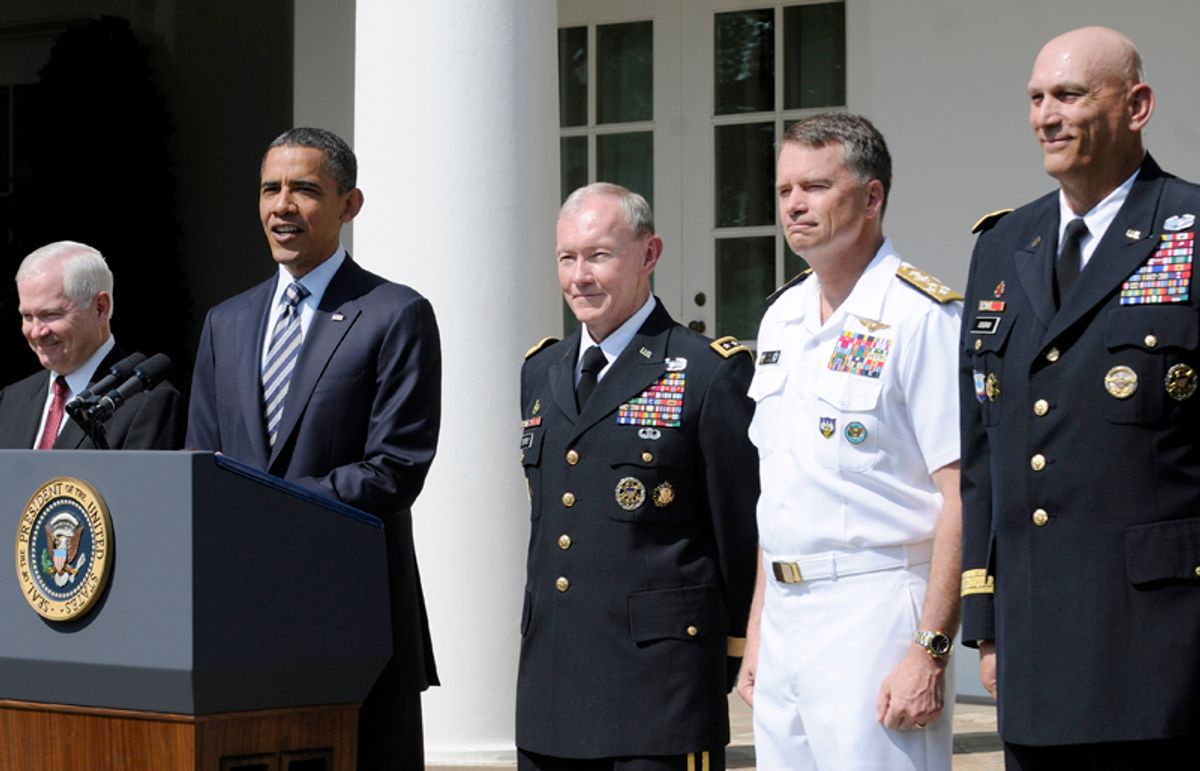 U.S. President Barack Obama (from 2nd L-R) smiles as he names U.S. Army General Martin Dempsey his pick to be the next chairman of the Joint Chiefs of Staff, U.S. Navy Admiral Sandy Winnefeld to be the new vice chairman of the Joint Chiefs, and General Ray Odierno to be the new Chief of Staff of the Army in an announcement in the Rose Garden at the White House in Washington, May 30, 2011. Also pictured is Defense Secretary Robert Gates (L).  REUTERS/Jonathan Ernst   (UNITED STATES - Tags: POLITICS MILITARY)    (Â© Jonathan Ernst / Reuters)