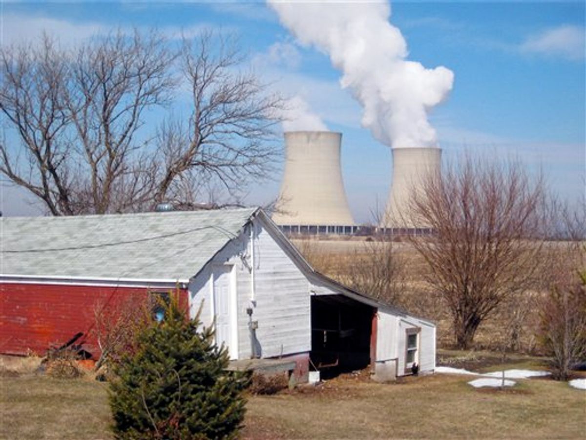 This March 16, 2011 photo shows steam rising from cooling towers at Exelon Corp.'s nuclear plant in Byron, Ill. Illinois has six nuclear plants, with a total of 11 reactors, more than any other state in the U.S. in 2010. Exelon, which has acknowledged violating Illinois state groundwater standards, agreed to pay $1.2 million to settle state and county complaints over the tritium leaks in Illinois' Braidwood, Dresden and Byron sites. The NRC also sanctioned Exelon. (AP Photo/Robert Ray) (AP)