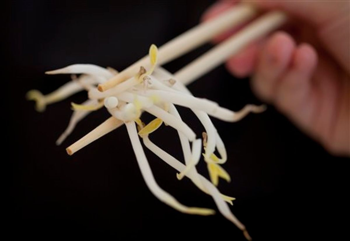 A woman holds bean sprouts with chopsticks in Berlin, Germany, Sunday, June 5, 2011. Health authorities say locally grown beansprouts in northern Germany have been identified as the likely cause of an outbreak of E. coli that has killed at least 22 people and sickened hundreds in Europe. (AP Photo/Gero Breloer)   (AP)