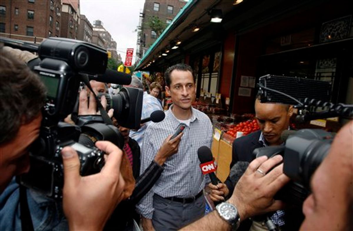 Rep. Anthony Weiner, D-N.Y., is questioned by the media near his home in the Queens borough of New York, Saturday, June  11, 2011. The 46-year-old congressman acknowledged Friday that he had online contact with a 17-year-old girl from Delaware but said there was nothing inappropriate. (AP Photo/David Karp) (AP)