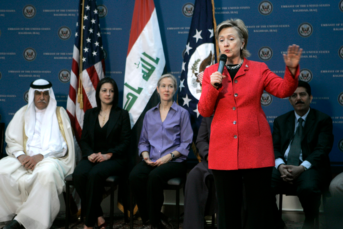 U.S. Secretary of State Hillary Rodham Clinton speaks at a meeting at the U.S. embassy in Baghdad, Iraq