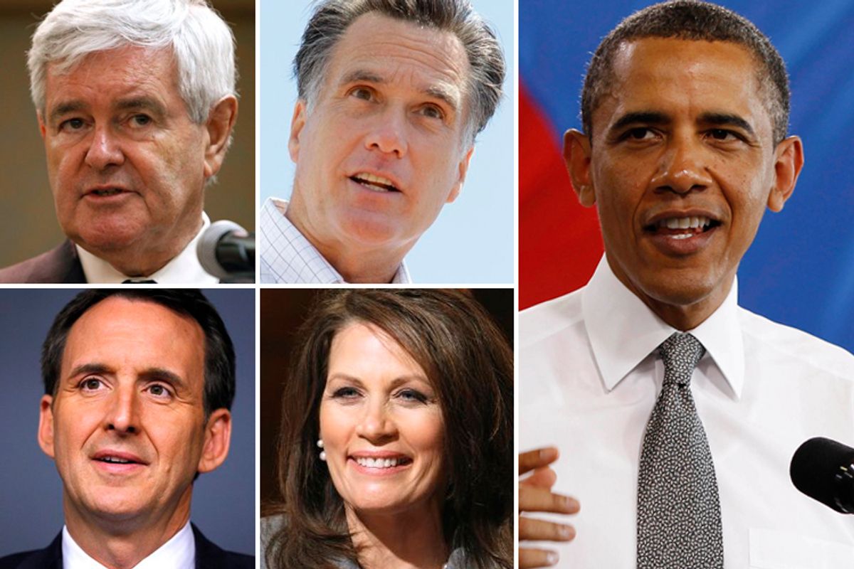 Clockwise, top left: Newt Gingrich, Mitt Romney, President Barack Obama, Michelle Bachmann, Tim Pawlenty