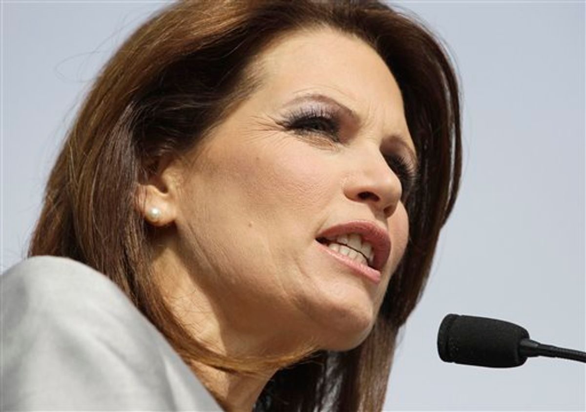 Rep. Michele Bachmann, R-Minn., makes her formal announcement to seek the 2012 Republican presidential nomination, Monday, June 27, 2011, in Waterloo, Iowa. Bachmann, who was born in Waterloo, will continue her announcement tour this week with stops in New Hampshire and South Carolina. (AP Photo/Charlie Riedel) (AP)
