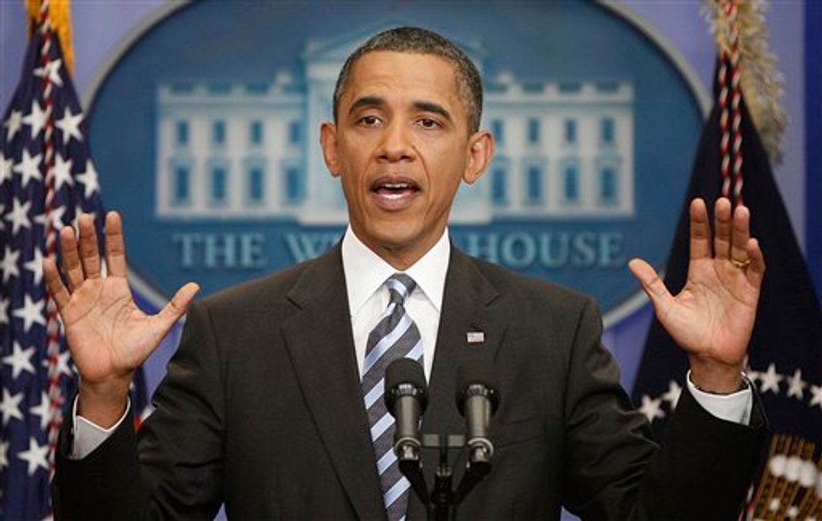President Barack Obama answers questions on the ongoing budget negotiations during a press conference in the Brady Briefing Room of the White House in Washington, Friday, July 15, 2011. (AP Photo/Pablo Martinez Monsivais) (AP)
