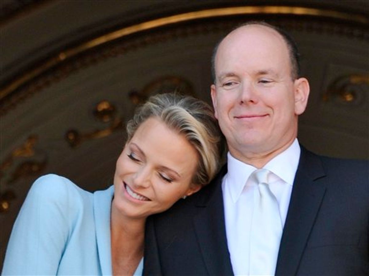 Prince Albert II of Monaco appears with his bride Charlene Princess of Monaco at the Monaco palace, after the civil wedding marriage ceremony, Friday, July 1, 2011. (AP Photo/Bruno Berbert, Pool) (AP)
