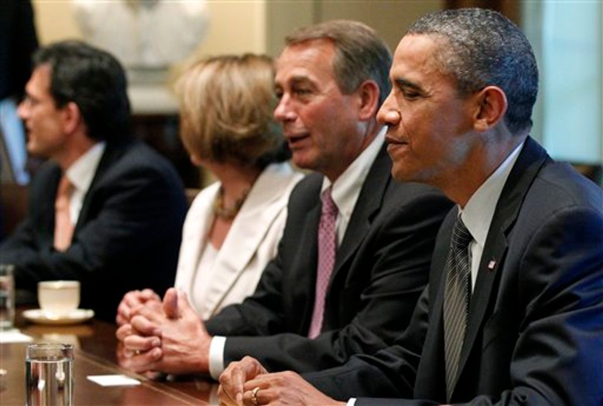 In this July 14, 2011, file photo, President Barack Obama sits with House Speaker John Boehner of Ohio, House Minority Leader Nancy Pelosi of California, House Majority Leader Eric Cantor of Virginia, as he meets with Republican and Democratic leaders regarding the debt ceiling in the Cabinet Room of the White House in Washington, Thursday, July 14, 2011. Obama's decision to haul lawmakers in day by day to negotiate a debt deal comes down to reality: He has no other choice. The president has essentially cleared his agenda to deal with one enormous crisis.  (AP Photo/Charles Dharapak)           (AP)