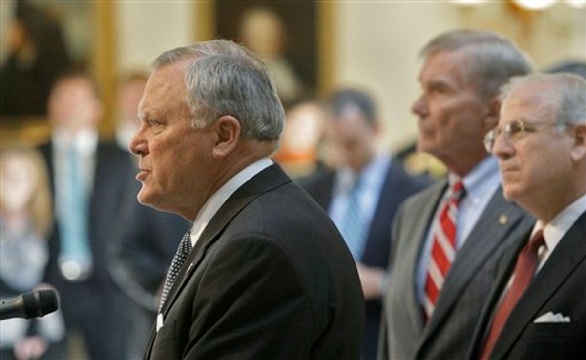 Gov. Nathan Deal  speaks at a  news conference, as former Attorney General Mike Bowers and Dekalb County DA Bob Wilson, right, listen,  on Tuesday, July 5, 2011 in Atlanta.  A probe has found that more than 78 percent of Atlanta schools examined by state investigators engaged in cheating on standardized tests.  Deal said 44 of the 56 schools investigated took part in cheating. Investigators also found that 38 principals were wither responsible for the cheating or were directly involved in it. And they determined that 178 teachers and principals cheated. Of those, 82 confessed to the misconduct.  (AP Photo/Atlanta Journal &amp; Constitution, Bob Andres) (AP)