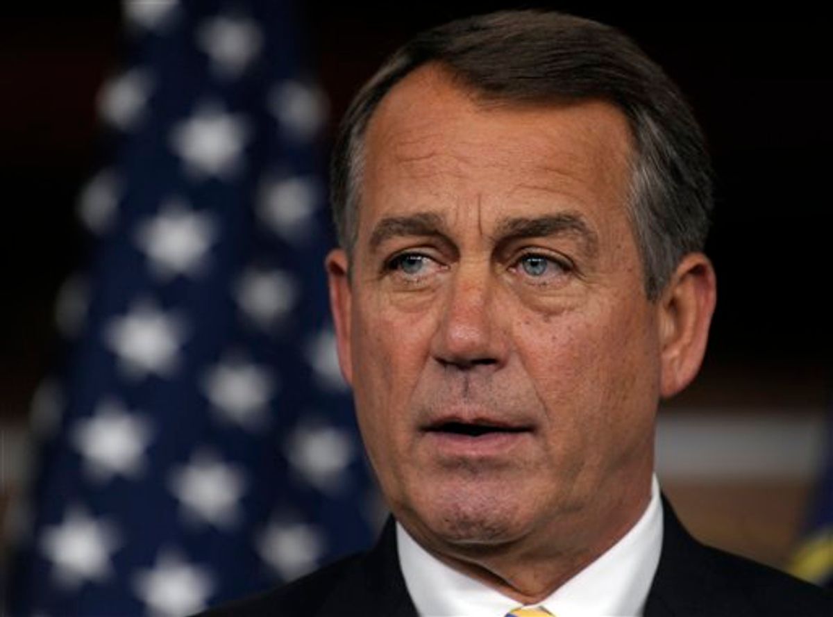 House Speaker John Boehner of Ohio speaks a news conference on Capitol Hill in Washington, Thursday, July 21, 2011. (AP Photo/Susan Walsh) (AP)