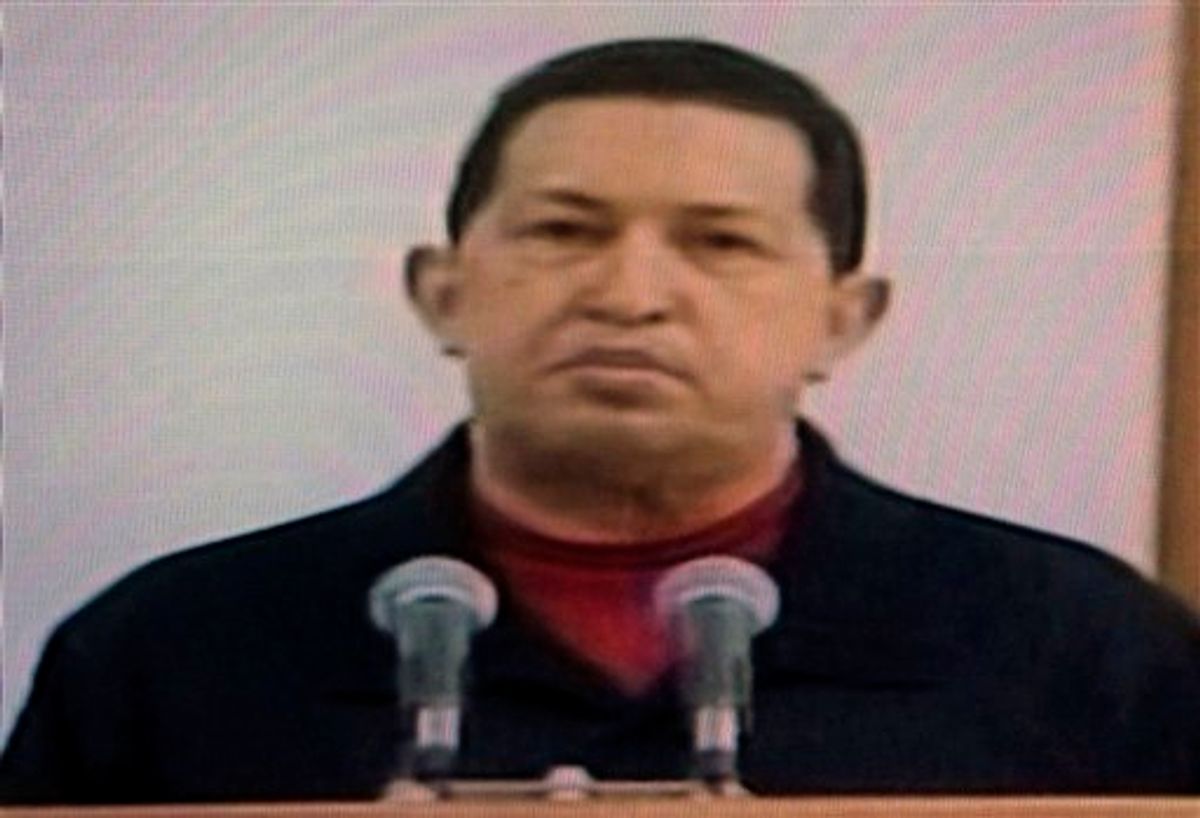 In this frame grab taken from Venezolana de Television, VTV, Venezuela's President Hugo Chavez delivers a televised speech aired from Cuba, Thursday, June 30, 2011. Chavez said he underwent a second surgery in Cuba that removed a cancerous tumor. It was unclear when and where the message was recorded. (AP Photo/Ariana Cubillos)         (AP)