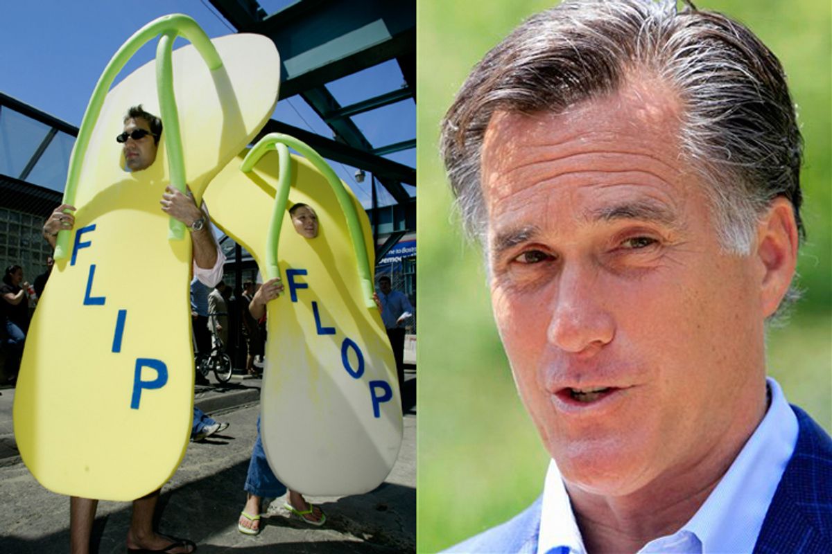 Left: Protesters wear flip-flops to deride Kerry in 2004. Right: Mitt Romney.