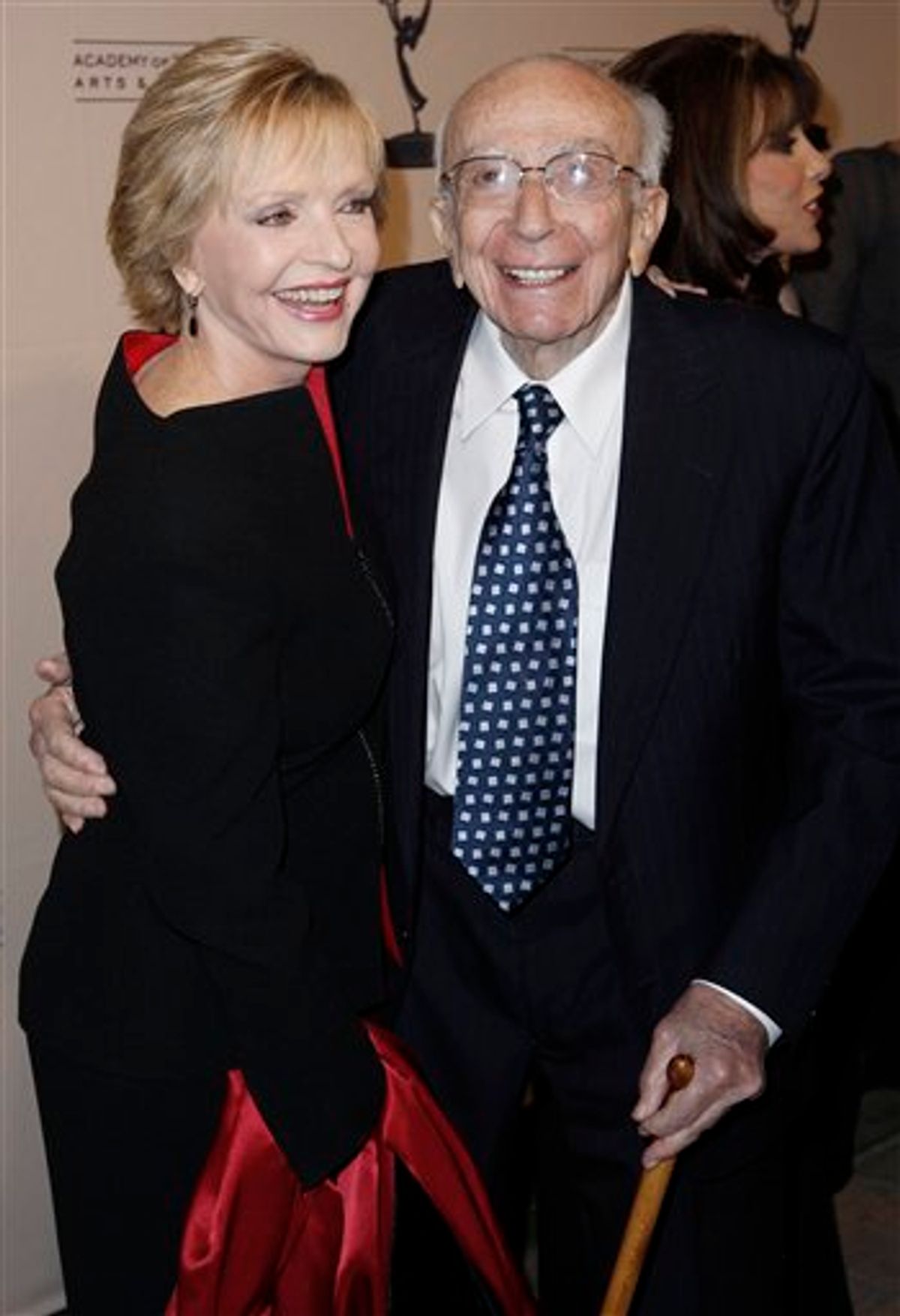FILE - In this Dec. 9, 2008 file photo, Hall of Fame inductee Sherwood Schwartz, right, and actress Florence Henderson pose together at the Academy of Television Arts and Sciences 2008 Hall of Fame Ceremony in Beverly Hills, Calif. Schwartz, who created "Gilligan's Island" and "The Brady Bunch" died Tuesday, July 12, 2011. He was 94.  (AP Photo/Matt Sayles, file)  (AP)