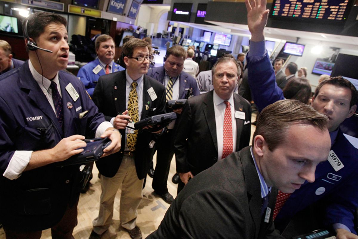 Traders on the floor of the New York Stock Exchange. 