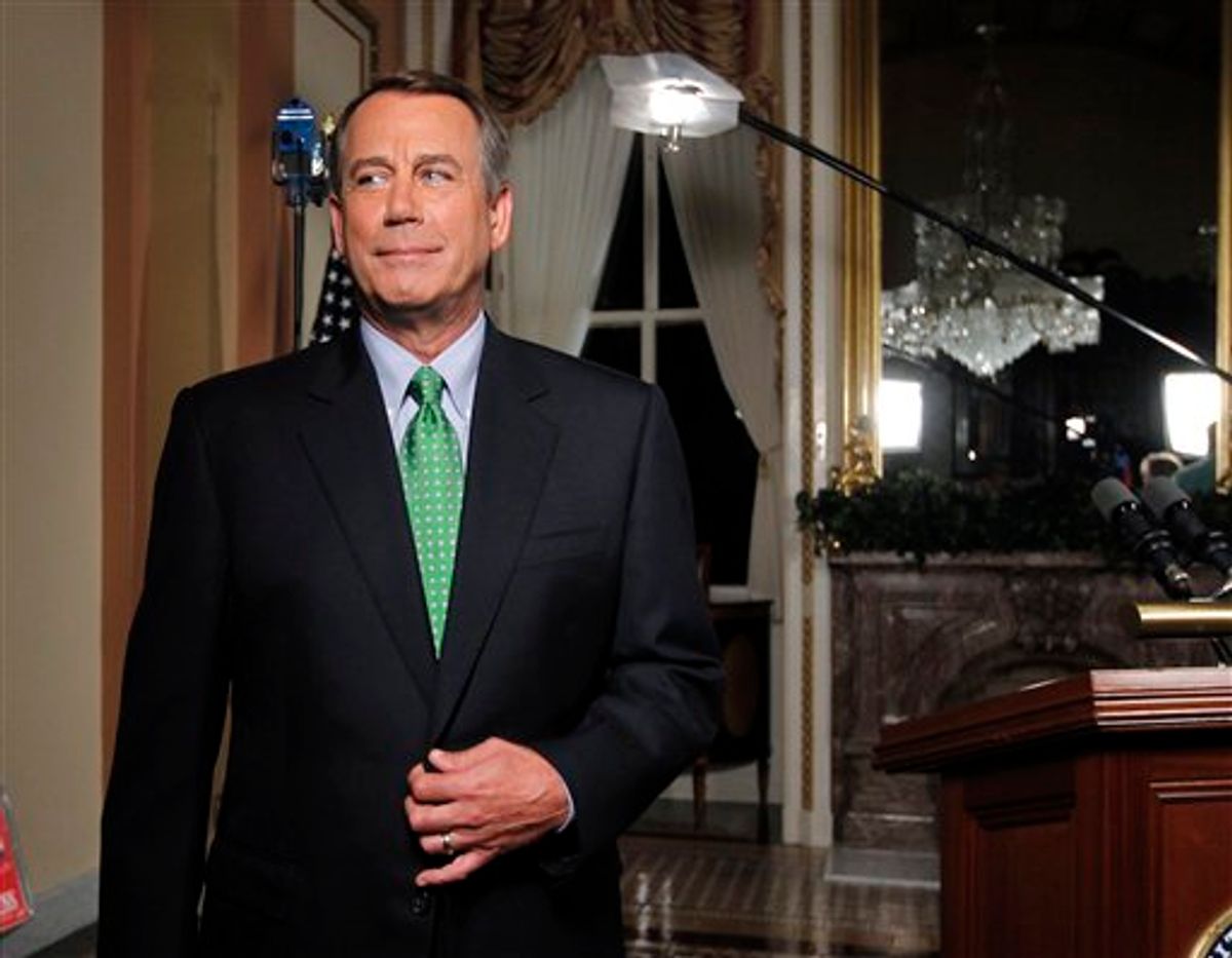 Speaker of the House John Boehner is seen after delivering his response to President Obama's remarks about averting default and dealing with the federal deficit, at the Capitol in Washington, Monday, July 25, 2011.  (AP Photo/J. Scott Applewhite) (AP)