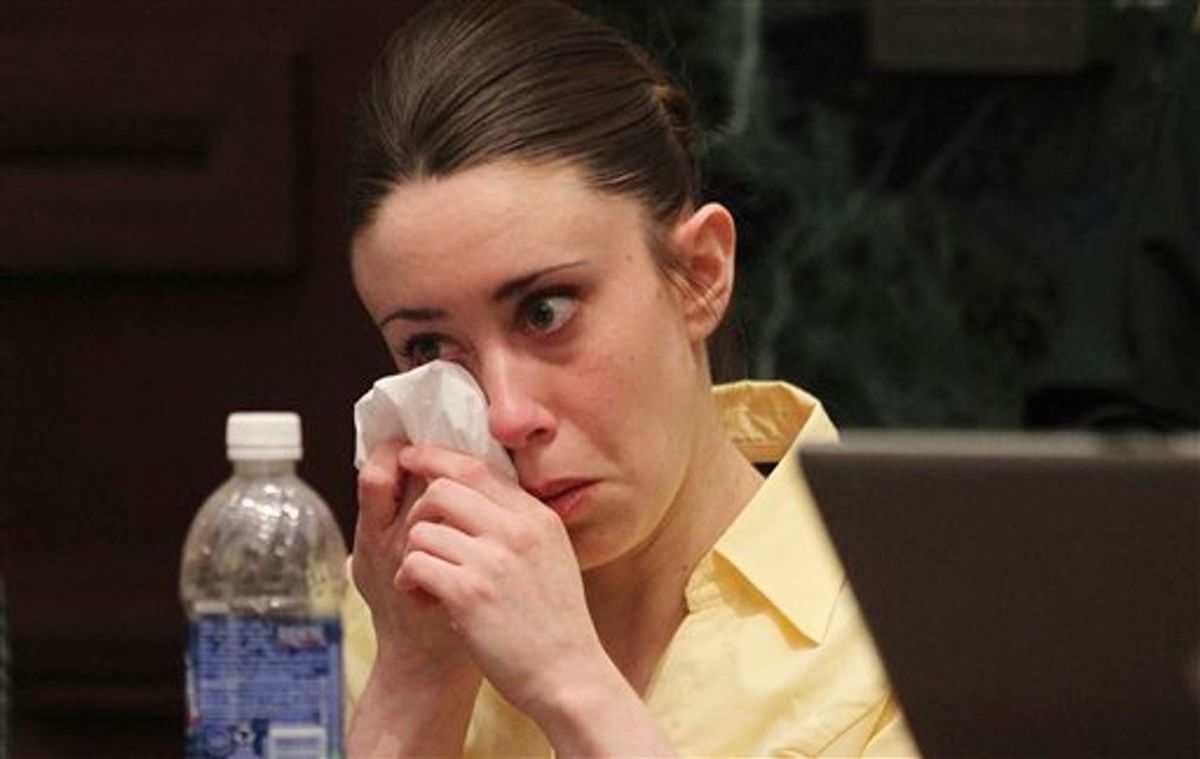 Casey Anthony reacts while listening to the defense's closing arguments in her murder trial in Orlando, Fla., Sunday, July 3, 2011. Anthony has pleaded not guilty to first-degree murder in the death of her daughter, Caylee, and could face the death penalty, if convicted of that charge. (AP Photo/Red Huber, Pool) (AP)