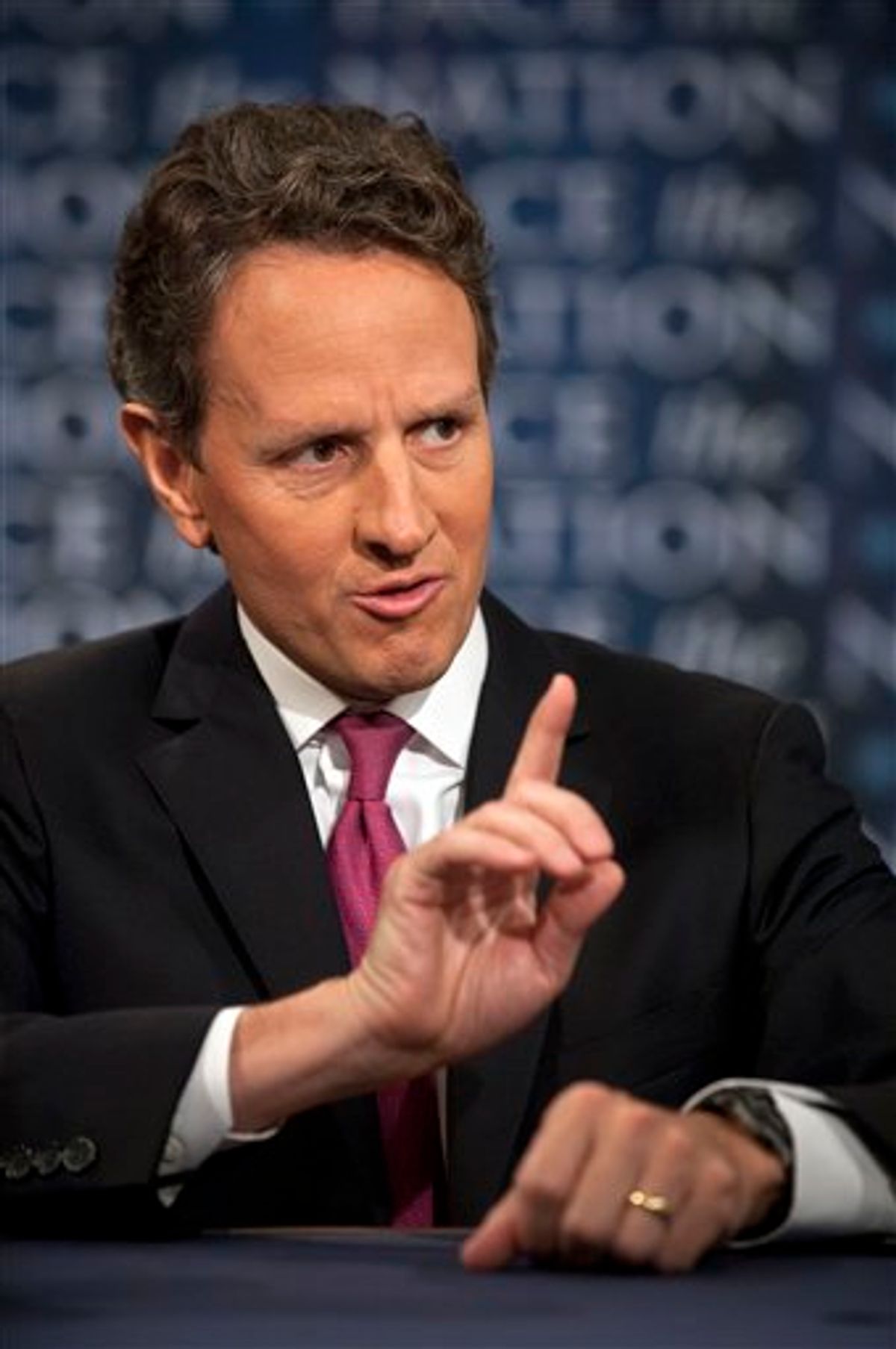 In this photo provided by CBS News, U.S. Treasury Secretary Timothy Geithner talks about the debt crisis on CBS's "Face the Nation" in Washington Sunday, July 10, 2011. Geithner said Sunday that the Obama administration wants to seek "the biggest deal possible" on debt reduction. His comments followed word from GOP congressional leaders Sunday that the White House's $4 trillion package was off the table. (AP Photo/CBS News, Chris Usher) (AP)