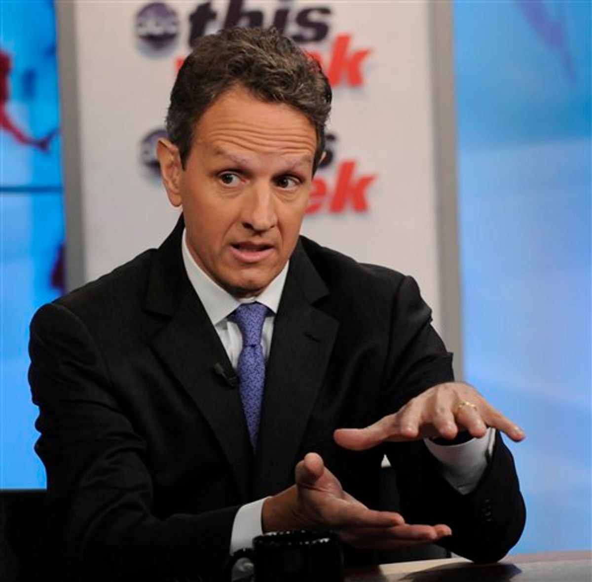 In this photo provided by ABC News U.S. Treasury Secretary Timothy Geithner talks about the debt-ceiling on ABC's "This Week" Sunday, July 24, 2011, in Washington. Congressional leaders in Washington planned to work on a fiercely hot Sunday to try to reach a bipartisan accord to avert a debt-ceiling crisis on Aug. 2. (AP Photo/ABC, Fred Watkins) (AP)