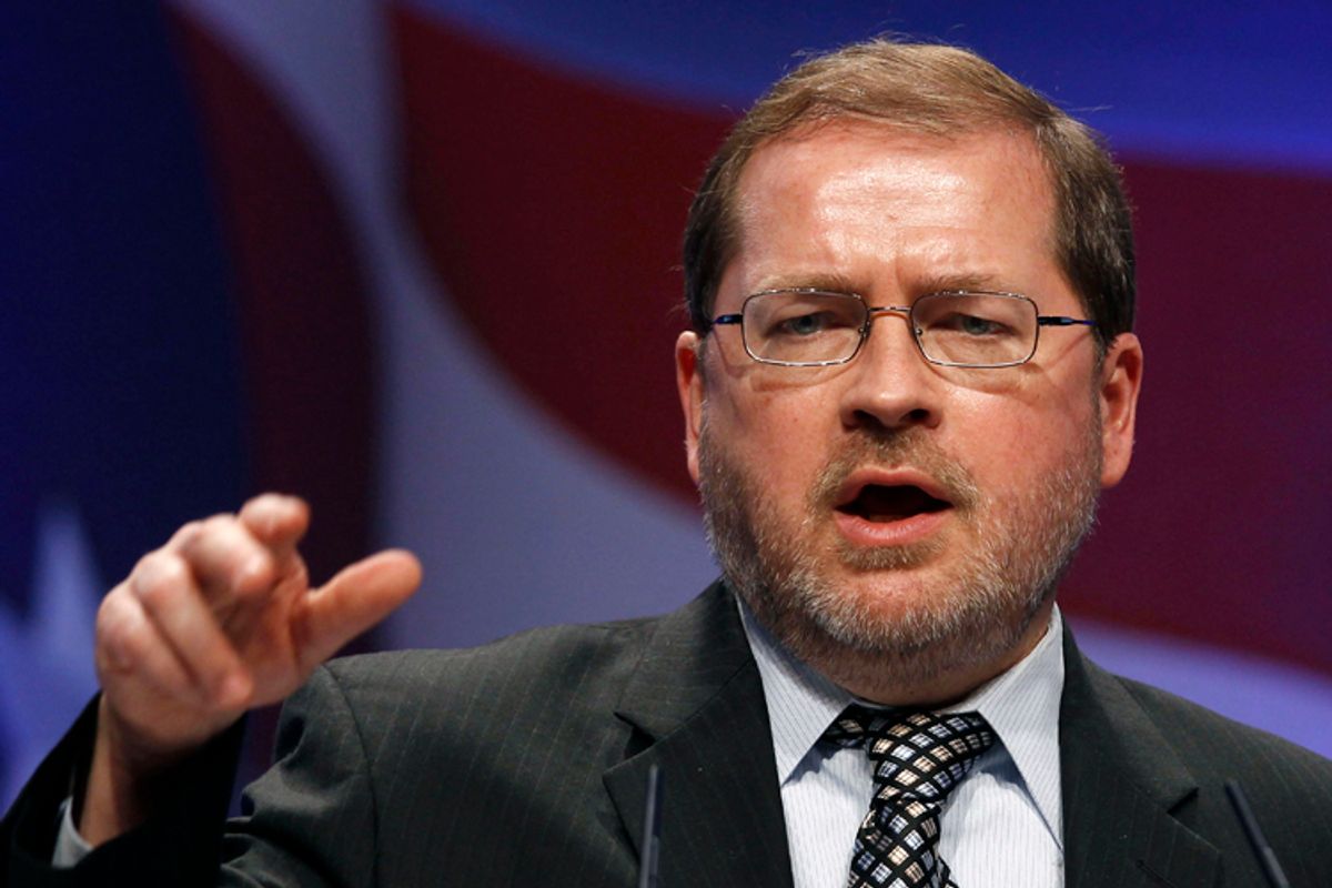 Americans For Tax Reform member Grover Norquist speaks to an audience at the 38th annual Conservative Political Action Conference meeting at the Marriott Wardman Park Hotel in Washington, February 11, 2011. The CPAC is a project of the American Conservative Union Foundation.           REUTERS/Larry Downing     (UNITED STATES - Tags: POLITICS)                  (Â© Larry Downing / Reuters)