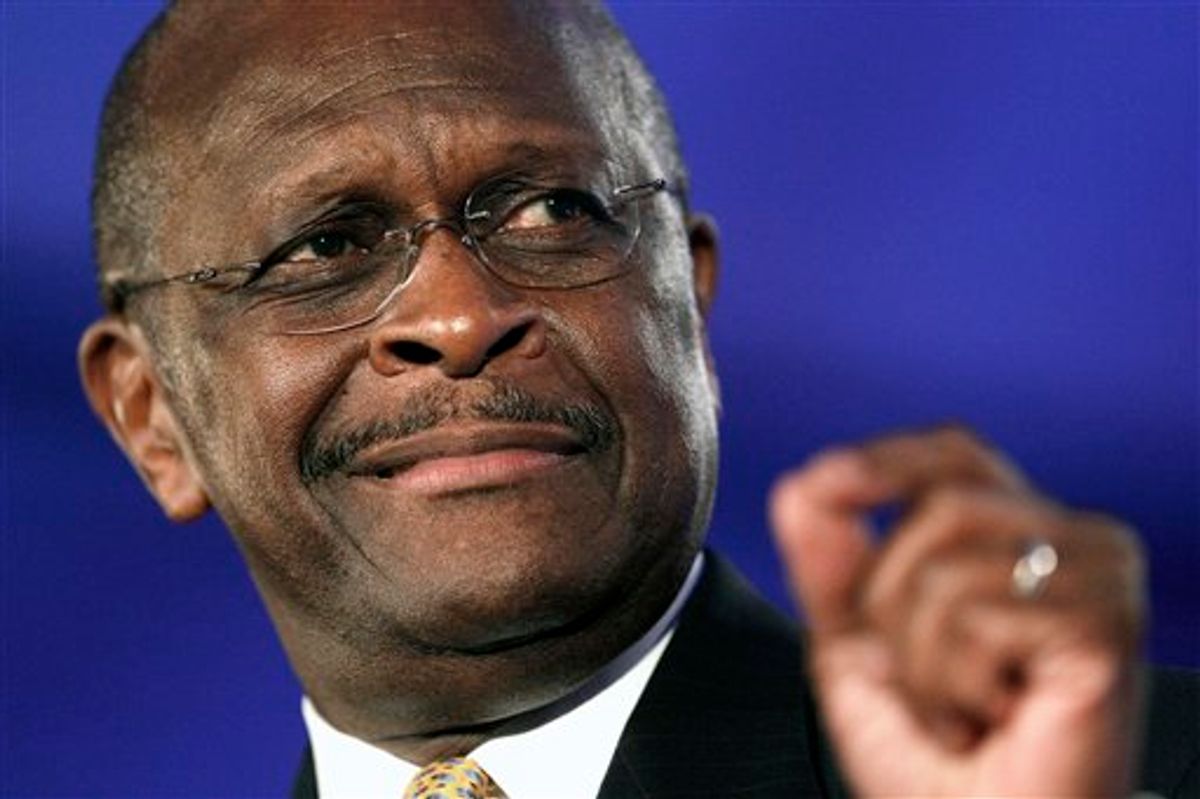 FILE - In this Friday, June 17, 2011  file photo, Republican presidential hopeful Herman Cain speaks at the Republican Leadership Conference in New Orleans. Bolstered by support from his loyal radio talk-show audience and tea partyers, businessman Herman Cain has revved up mainstream conservatives, rising recently to third place in a poll of voters in Iowa, the leadoff caucus state. (AP Photo/Patrick Semansky, File) (AP)
